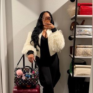 AKIRA Ivory Bomber Jacket with Plush Sleeves